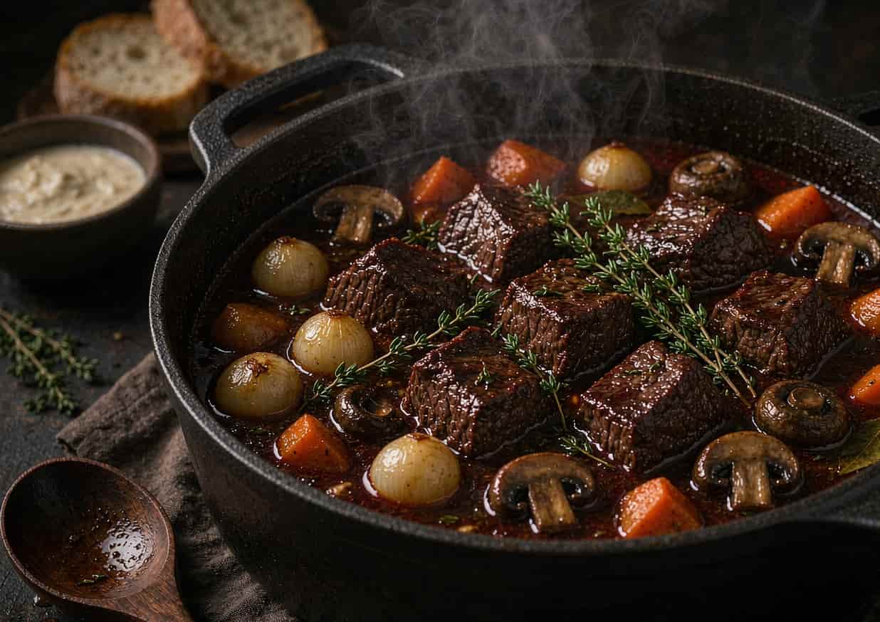 A cast iron Dutch oven of beef bourguignon with carrots, pearl onions, and mushrooms in red wine sauce