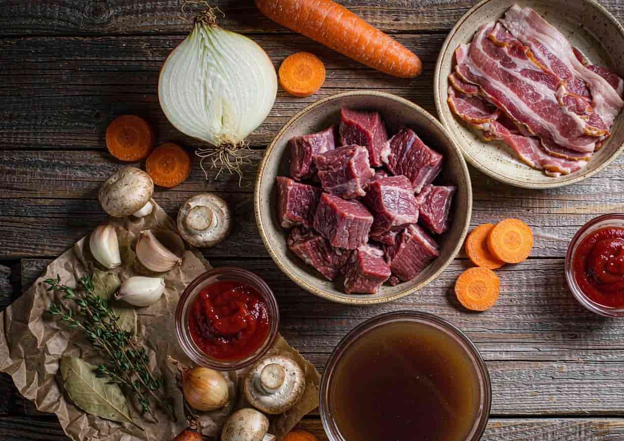 Overhead flat lay of beef bourguignon ingredients including beef chuck, bacon, carrots, and mushrooms
