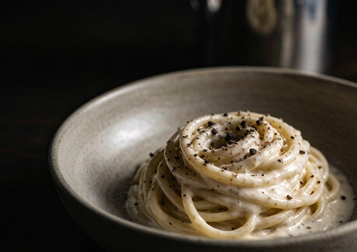 Plate of cacio e pepe pasta coiled in a bowl with a glossy cheese sauce and coarse cracked black pepper