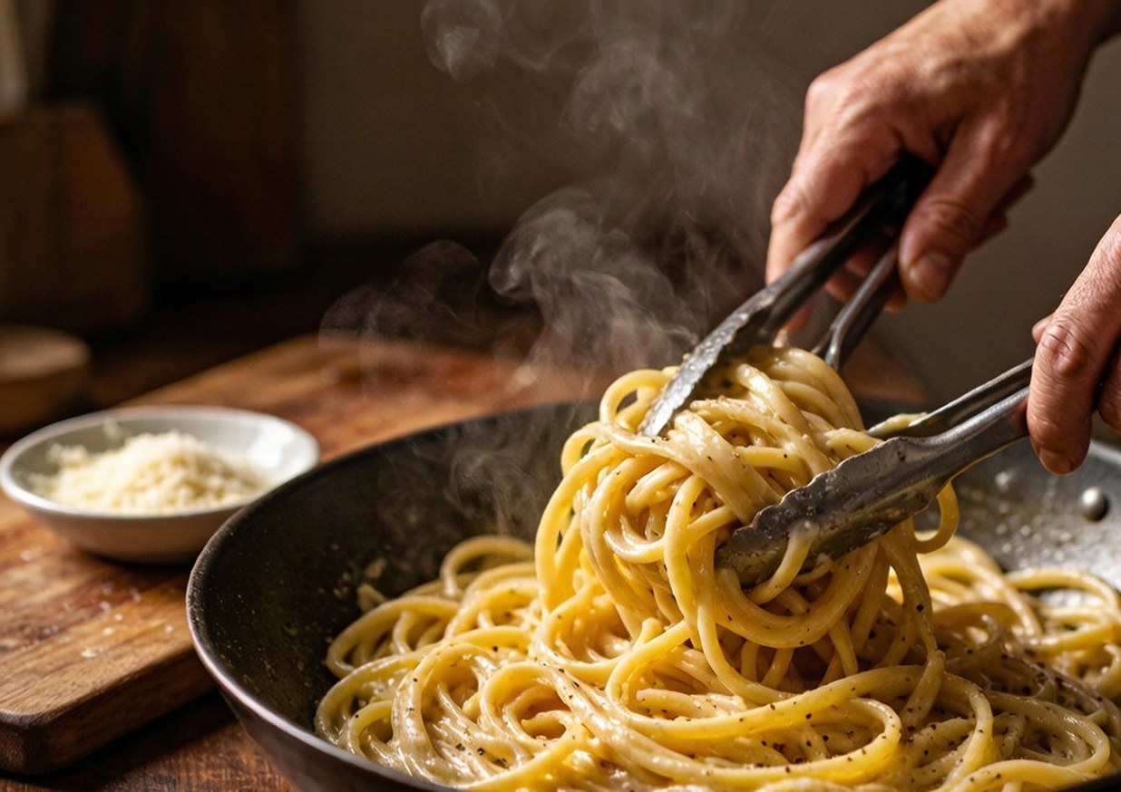 Grated Pecorino being mixed with hot pasta water in a bowl to form a smooth cheese cream