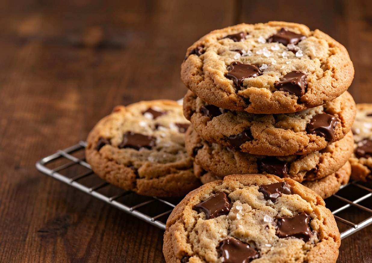 Stack of thick chocolate chip cookies with crisp golden edges and melted chocolate puddles