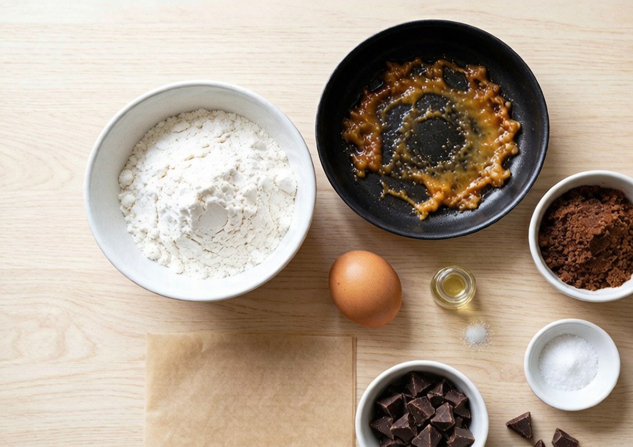Overhead flat lay of flour, butter, brown sugar, eggs, vanilla, chocolate chips and a baking sheet