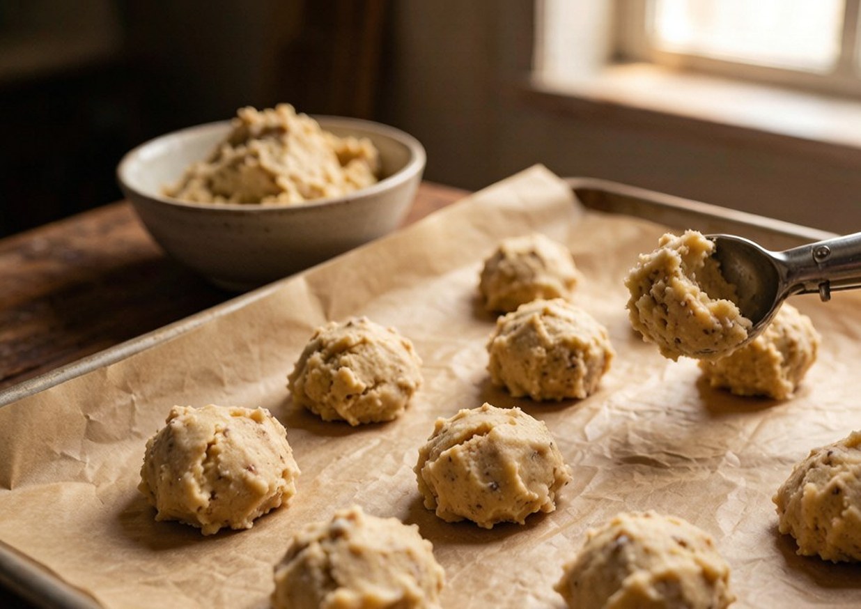 Cookie dough being scooped into large balls and spaced well apart on a parchment-lined baking sheet