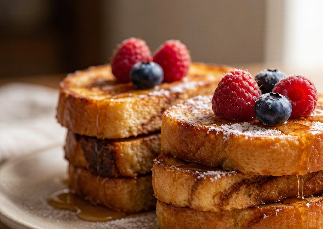 Stack of golden cinnamon French toast with caramelised edges, dusted with icing sugar and served with berries