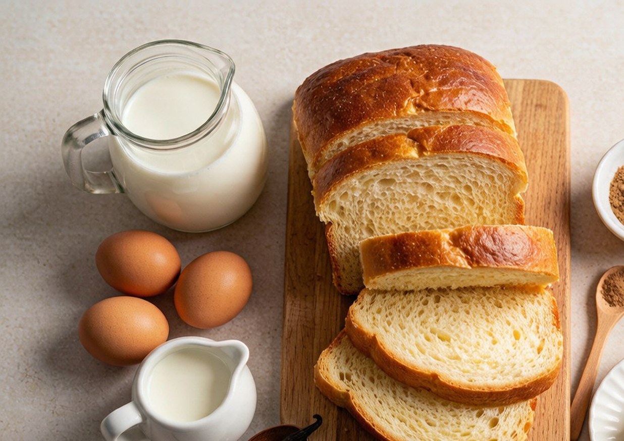 Overhead flat lay of thick brioche slices, eggs, whole milk, cinnamon, nutmeg, vanilla and butter