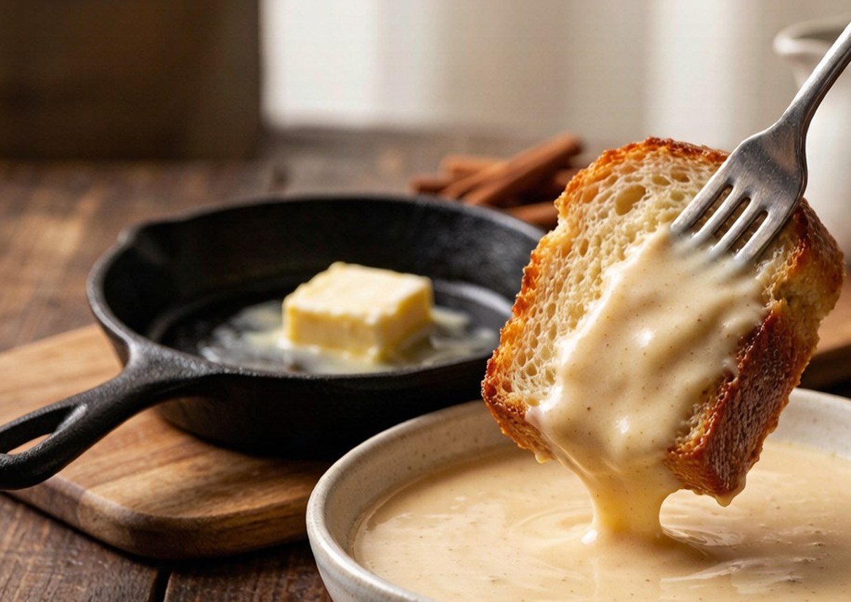 Brioche slice soaking in cinnamon custard in a shallow dish before being lifted to the griddle