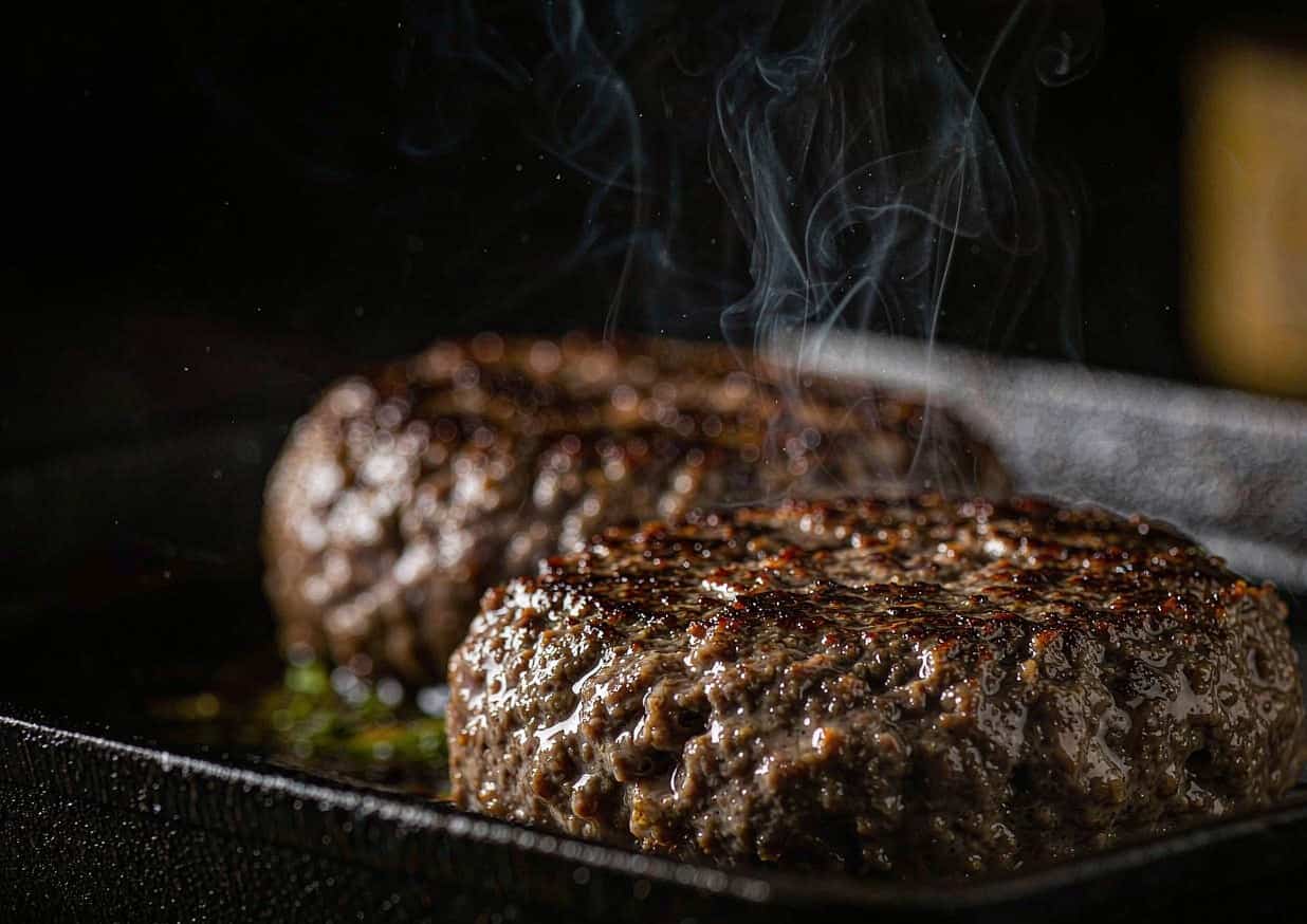 Two thick ground beef patties searing in a cast iron skillet with a deep brown crust