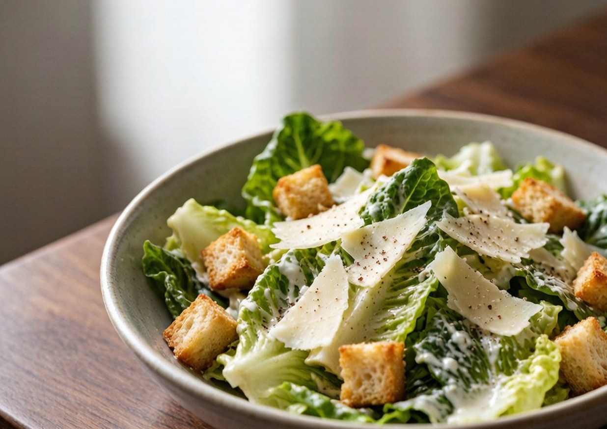 Caesar salad in a wide shallow bowl with romaine leaves, croutons, and shaved Parmigiano-Reggiano