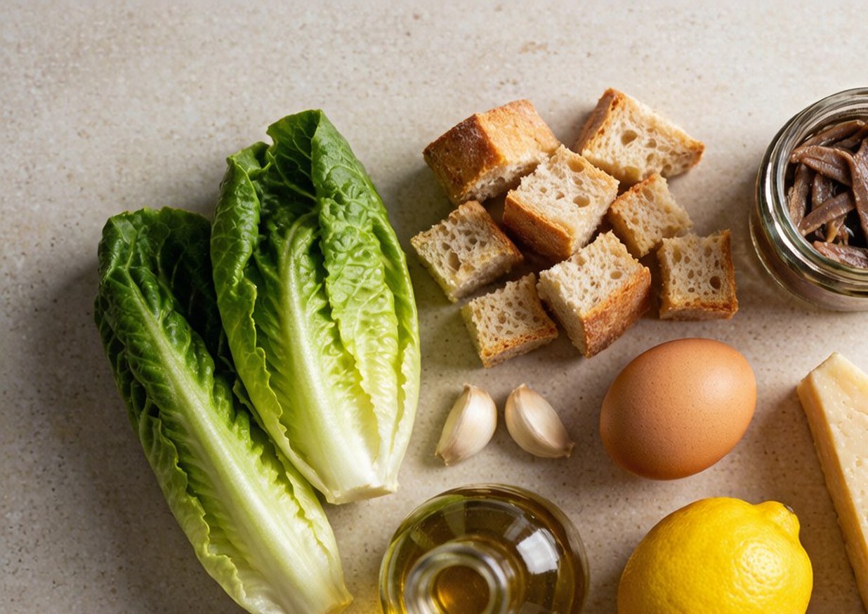 Overhead flat lay of romaine hearts, day-old bread cubes, anchovy fillets, garlic, lemon, egg and Parmigiano-Reggiano