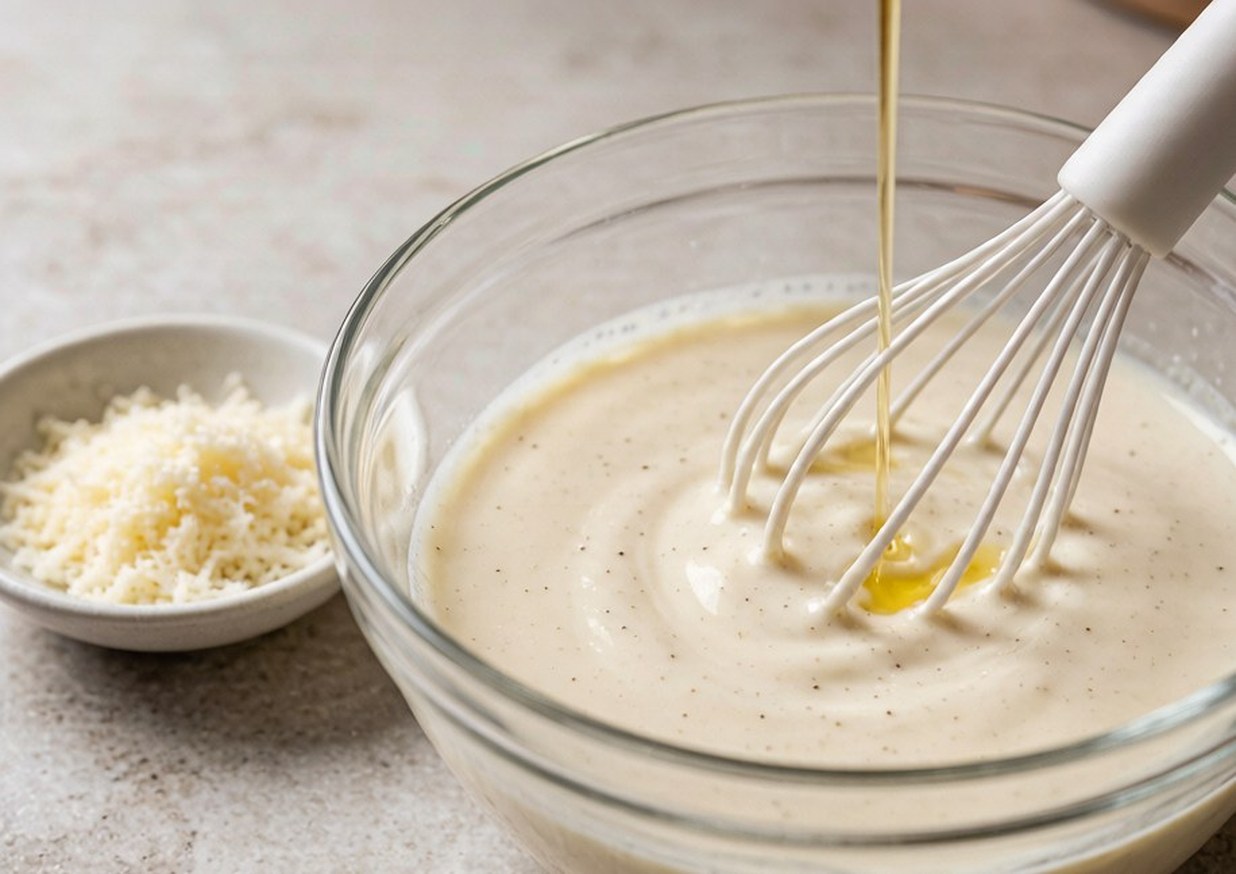 Dressing being whisked in a glass bowl until pale and thickened with olive oil streaming in