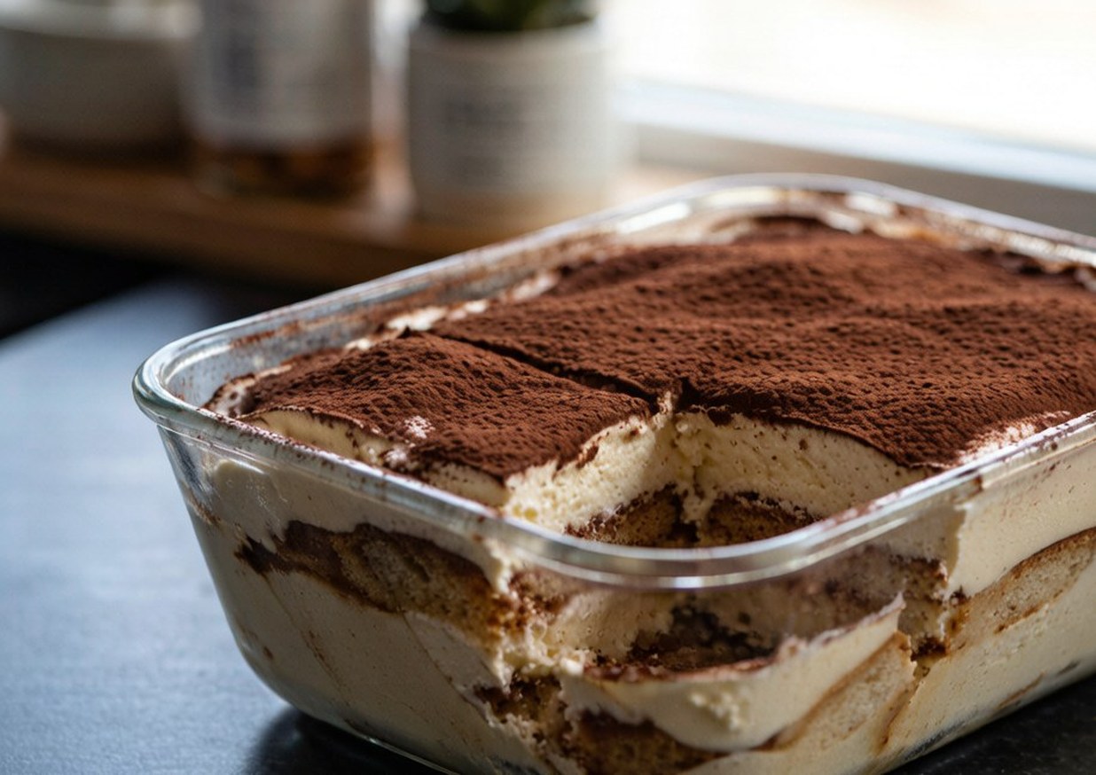 Rectangular dish of tiramisu with layers of cream and espresso-soaked savoiardi dusted thickly with cocoa