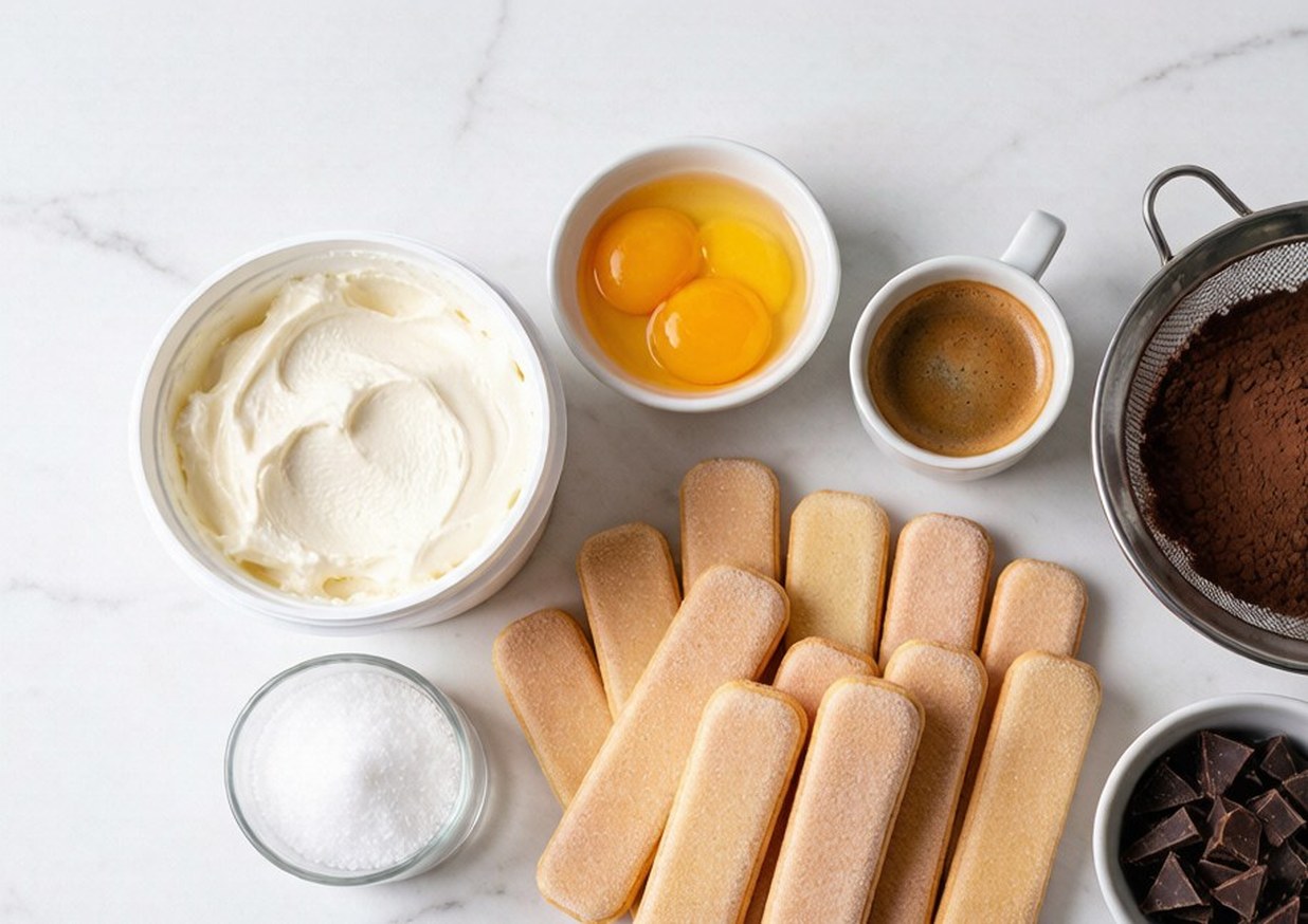 Overhead flat lay of mascarpone, egg yolks, sugar, savoiardi ladyfingers, espresso and cocoa powder