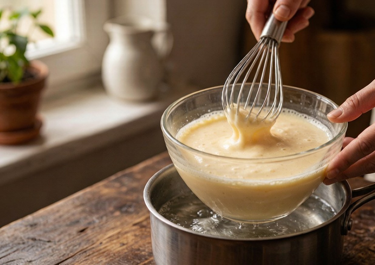 Egg yolk and sugar sabayon being whisked over a pan of simmering water until pale and thick