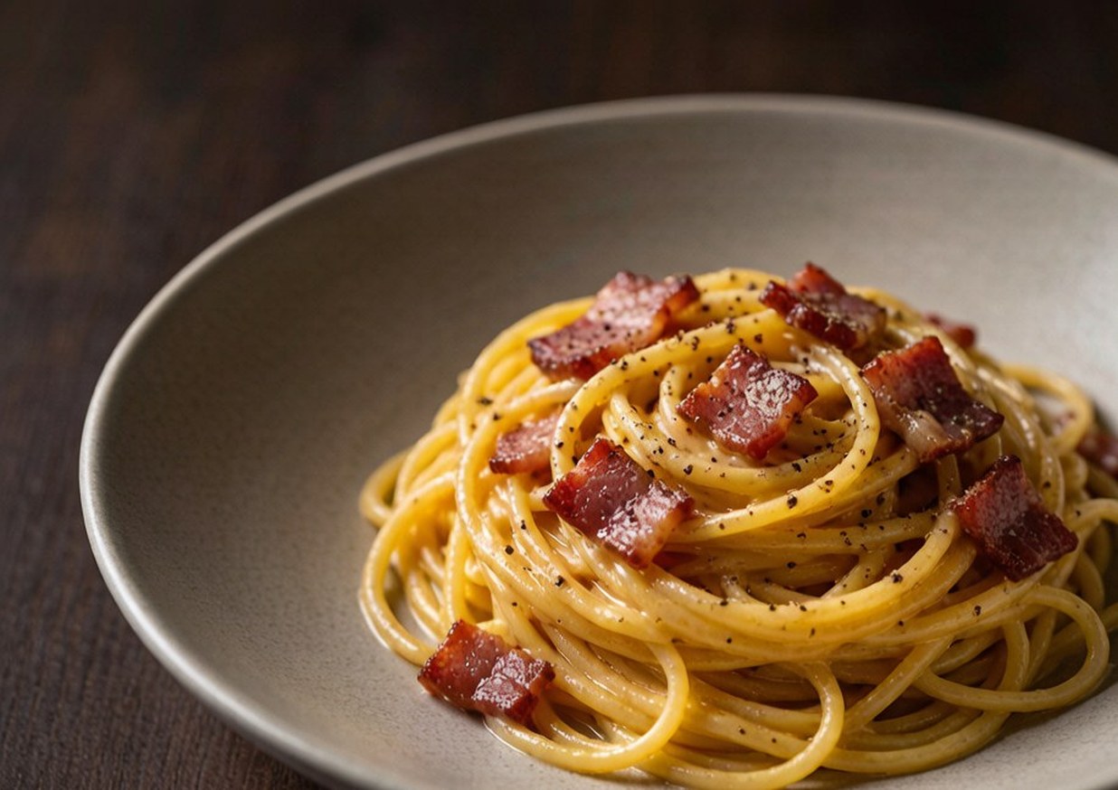 Bowl of creamy carbonara with glossy egg and cheese sauce coating spaghetti and pieces of crisp guanciale