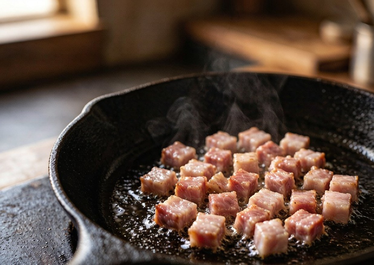 Guanciale rendering slowly in a cold skillet until the fat turns translucent and the edges crisp