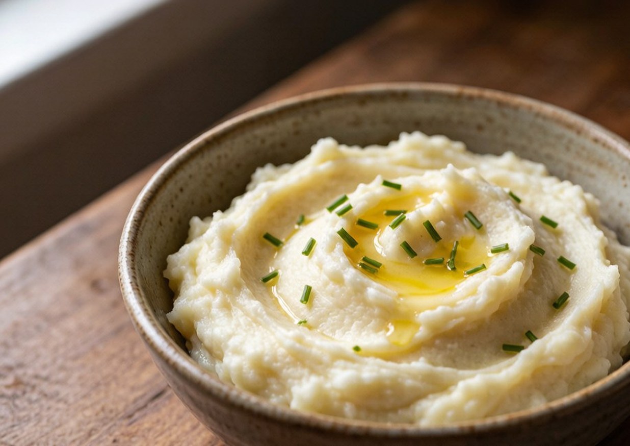 Bowl of creamy mashed potatoes swirled with melted butter and snipped chives