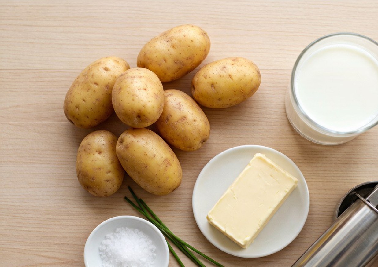 Overhead flat lay of Yukon Gold potatoes, butter, whole milk, kosher salt and a potato ricer