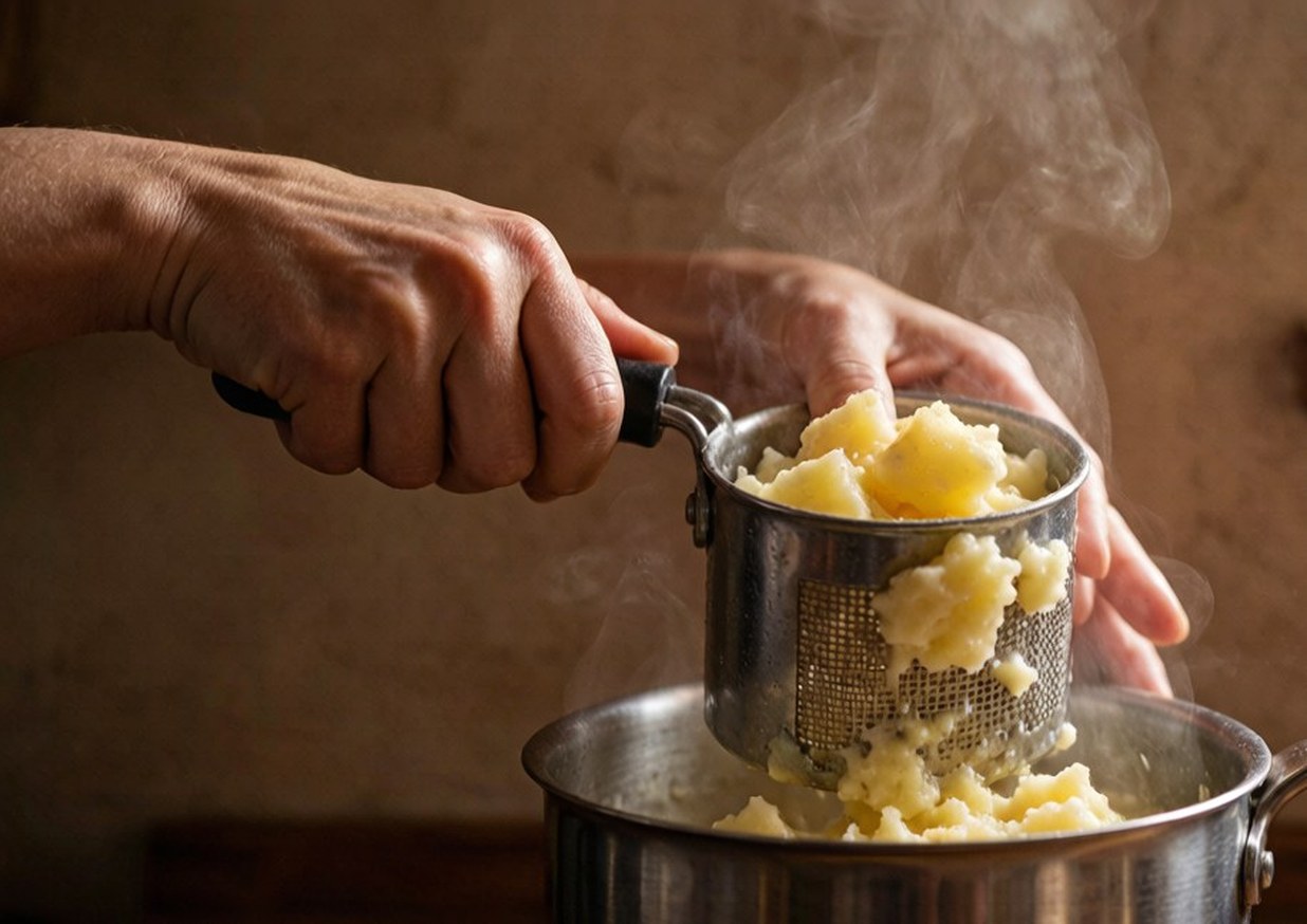 Cooked potato chunks being pressed through a potato ricer into a warm saucepan