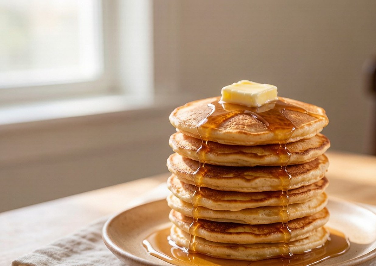 Stack of thick fluffy buttermilk pancakes with melting butter and maple syrup on a warm plate