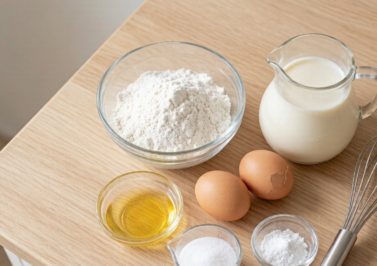 Overhead flat lay of flour, buttermilk, eggs, melted butter, sugar, baking powder and a whisk