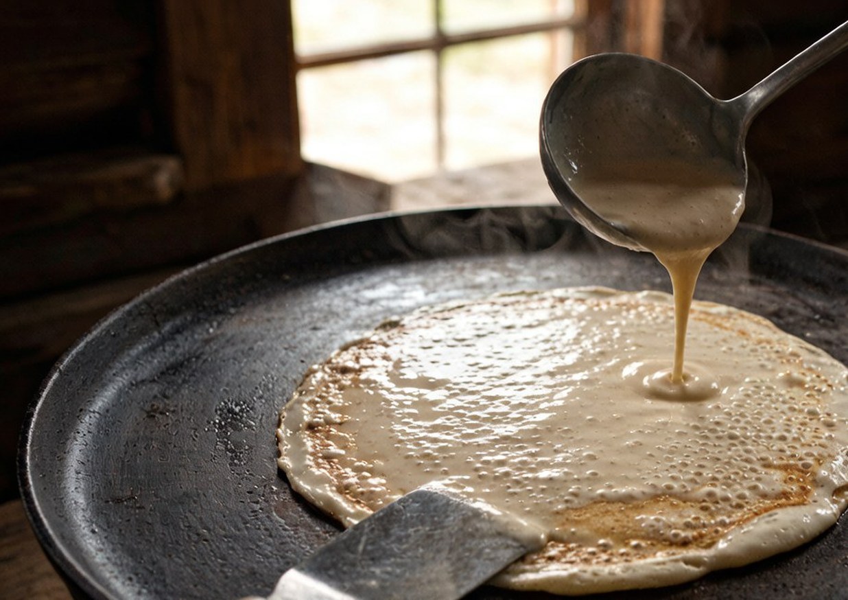 Pancake batter being ladled onto a buttered griddle with bubbles forming on the surface