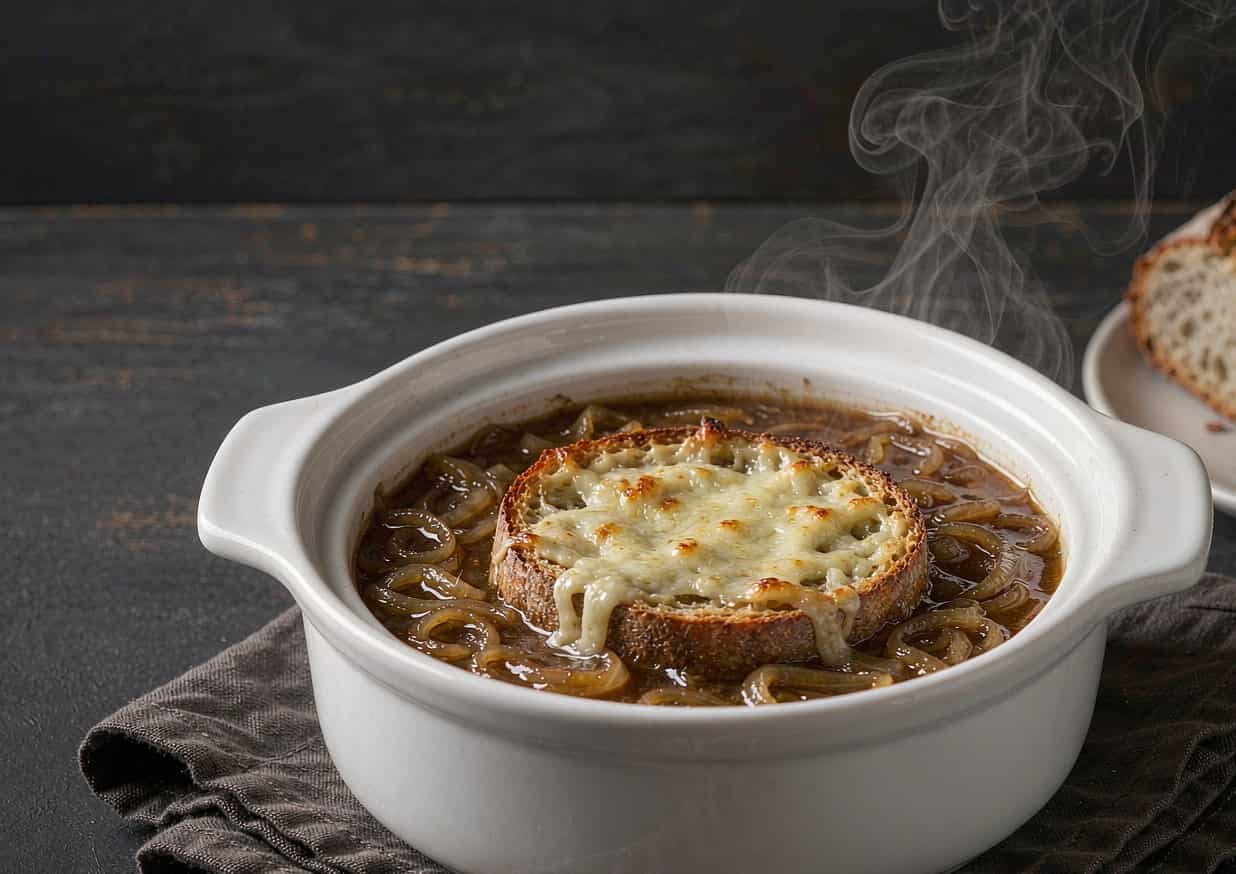 A crock of French onion soup with melted golden Gruyere and toasted baguette