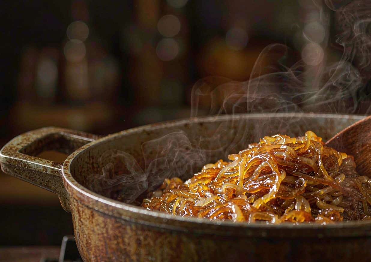 A large pot of sliced onions caramelising on a stovetop, deep golden brown and glossy