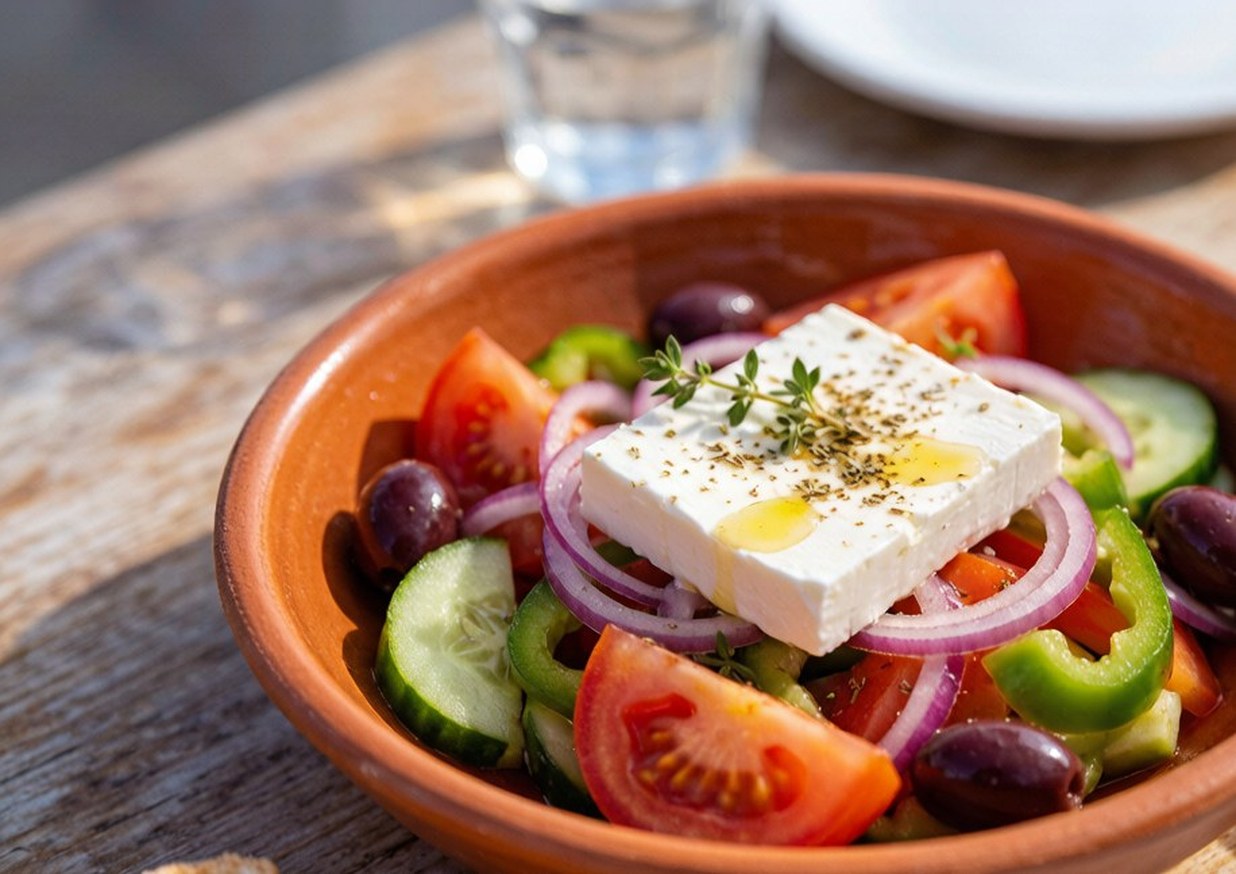 Shallow bowl of Greek horiatiki salad with tomato wedges, cucumber, olives and a slab of feta on top