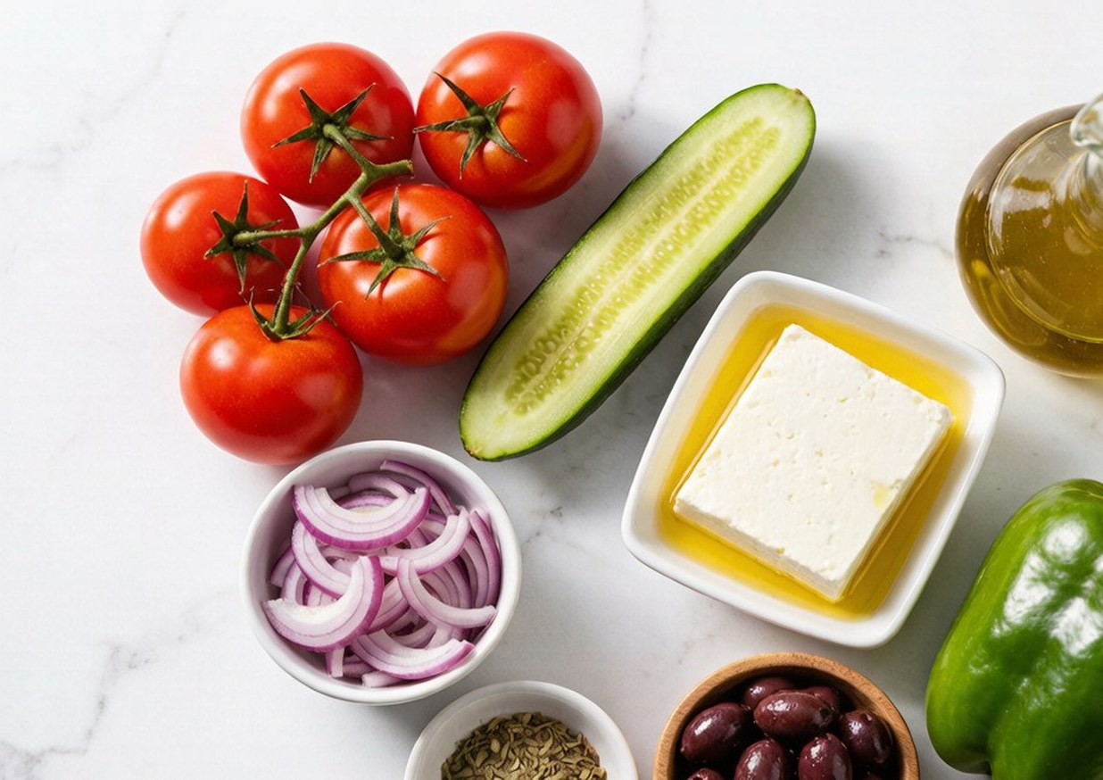 Overhead flat lay of ripe tomatoes, cucumber, red onion, green pepper, Kalamata olives, feta, oregano and olive oil