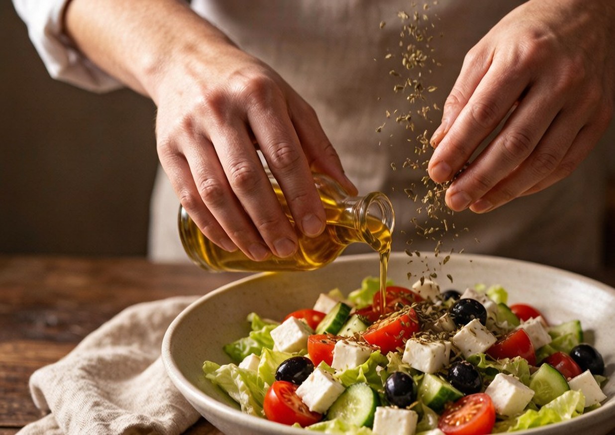 Chopped salad vegetables in a bowl being dressed with olive oil and sprinkled with dried oregano