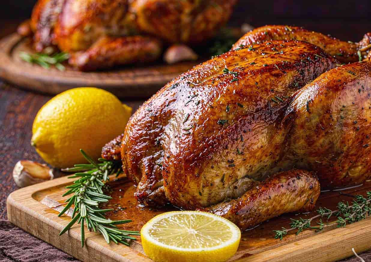 A whole roasted chicken with golden crispy skin, lemon halves, rosemary, and garlic