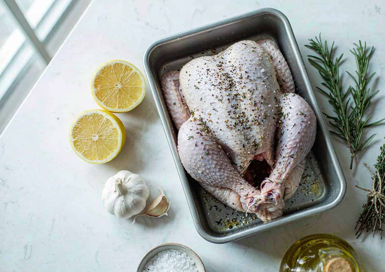Overhead flat lay of roast chicken ingredients including a raw whole chicken, lemons, garlic, and herbs