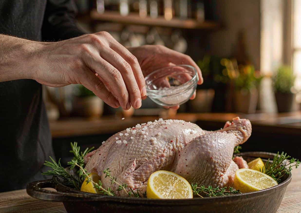 A whole chicken being seasoned in a cast iron roasting pan with lemon halves and herb sprigs