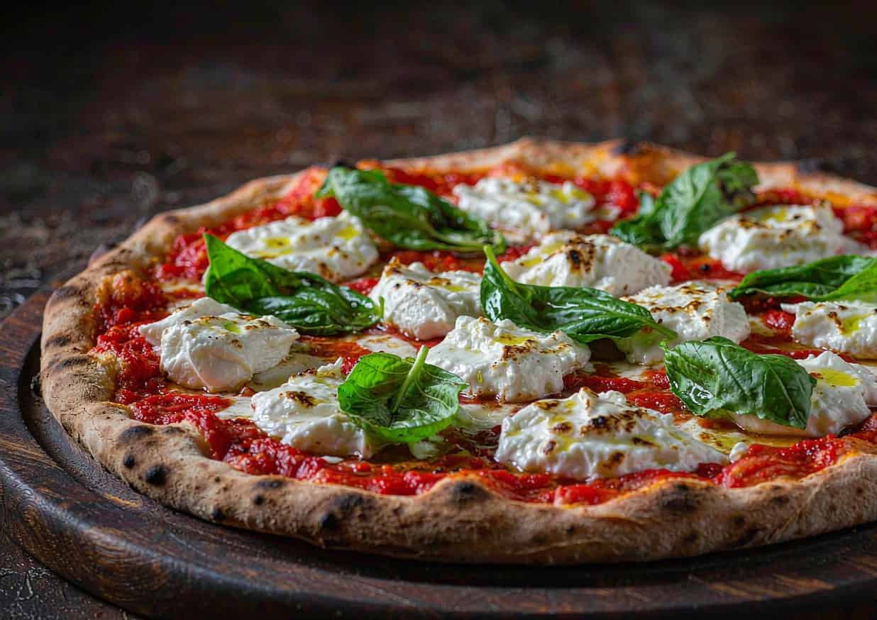 A Neapolitan Margherita pizza with blistered crust, tomato sauce, fresh mozzarella, and basil