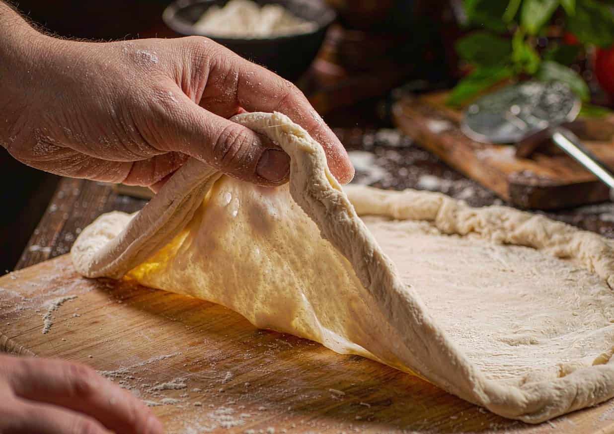 A pizza dough round being stretched by hand over floured knuckles on a wooden peel