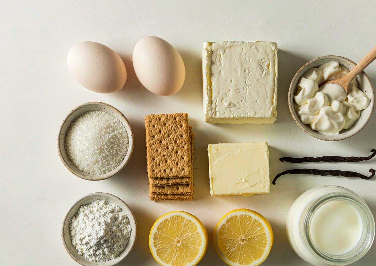 Overhead flat lay of cheesecake ingredients including cream cheese, eggs, graham crackers, and sour cream