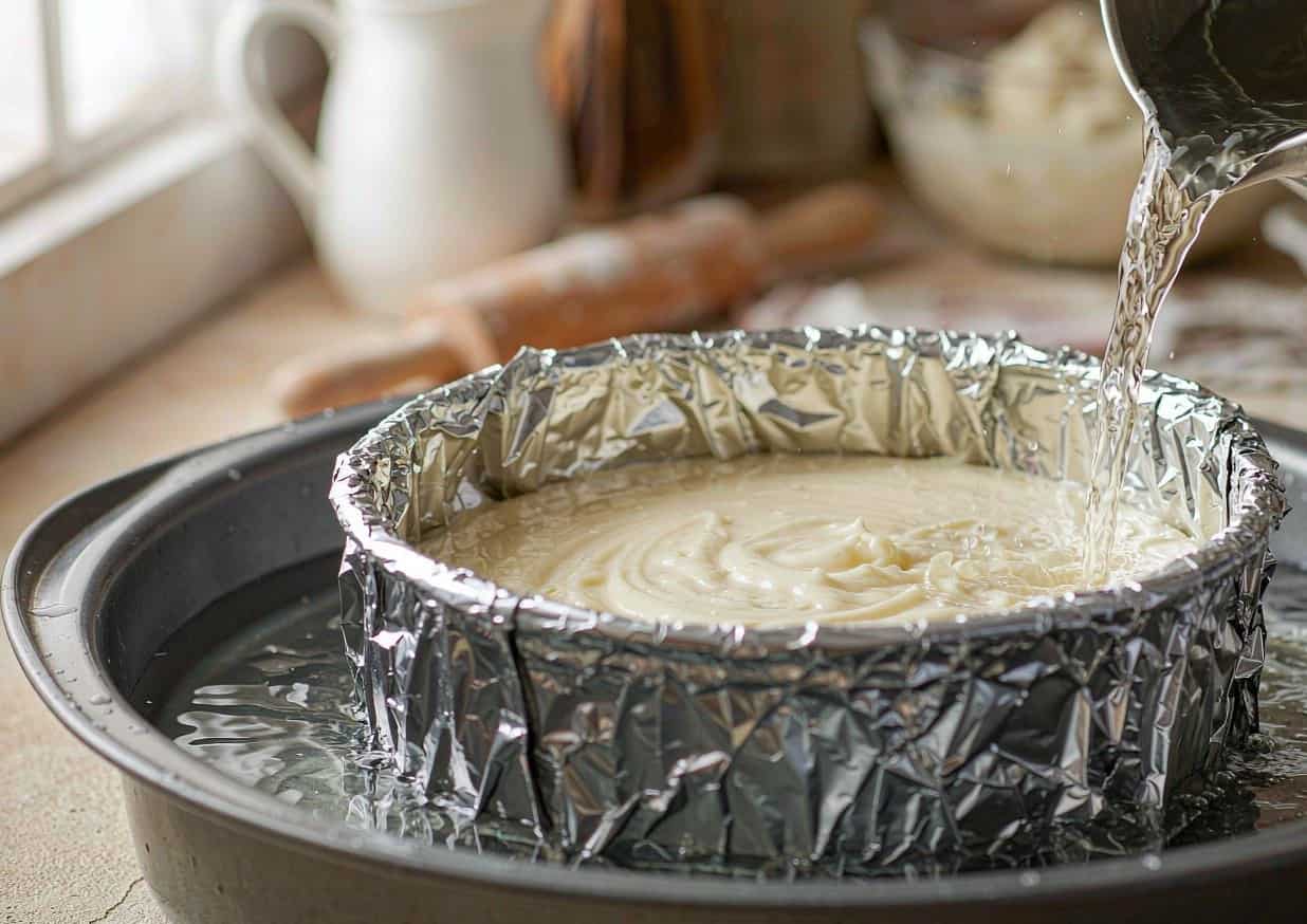 A foil-wrapped springform pan of cheesecake batter sitting in a roasting pan water bath