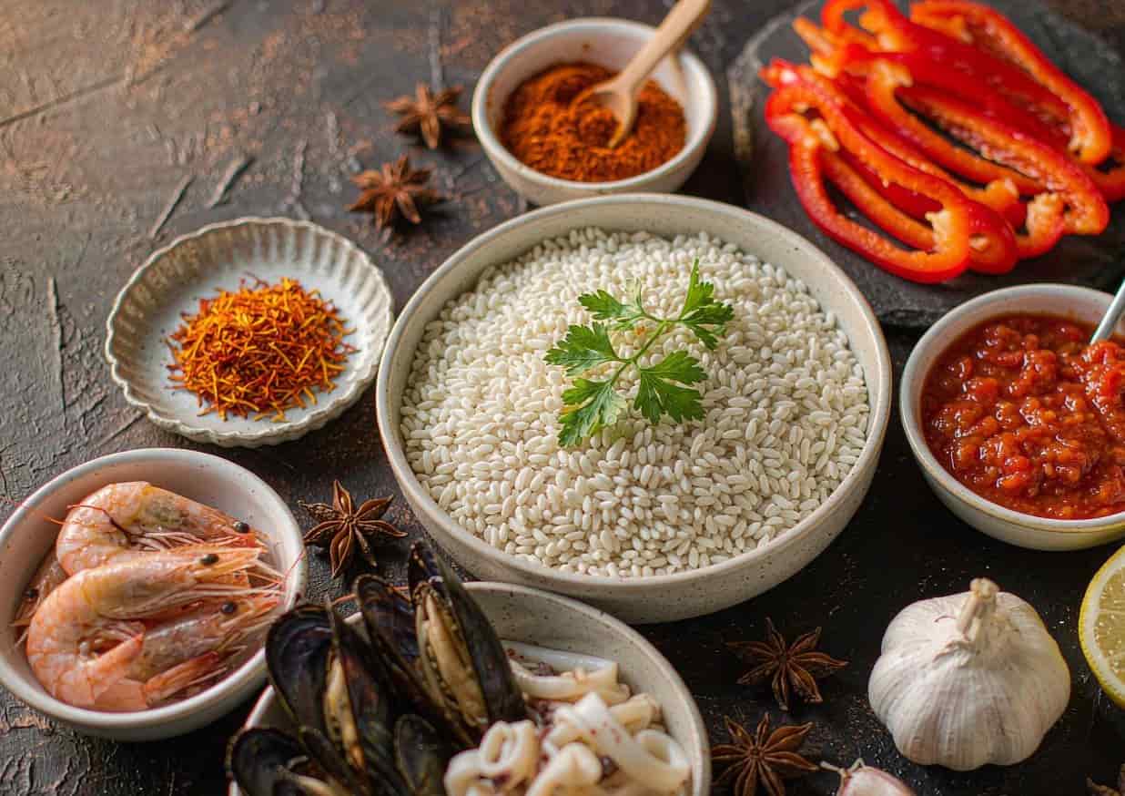 Overhead flat lay of paella ingredients including bomba rice, saffron, shrimp, and mussels