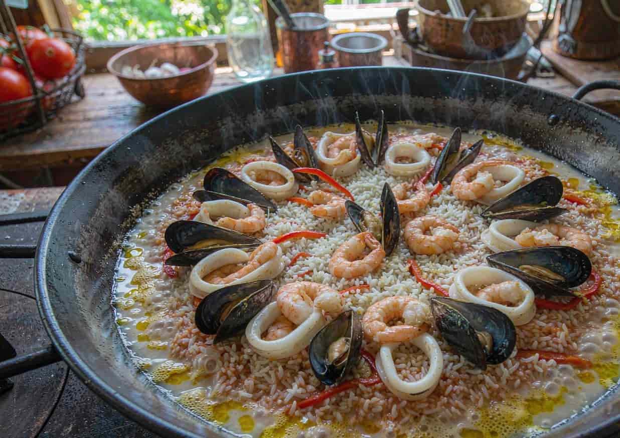 Overhead view of a wide shallow paella pan with saffron rice and seafood arranged on top