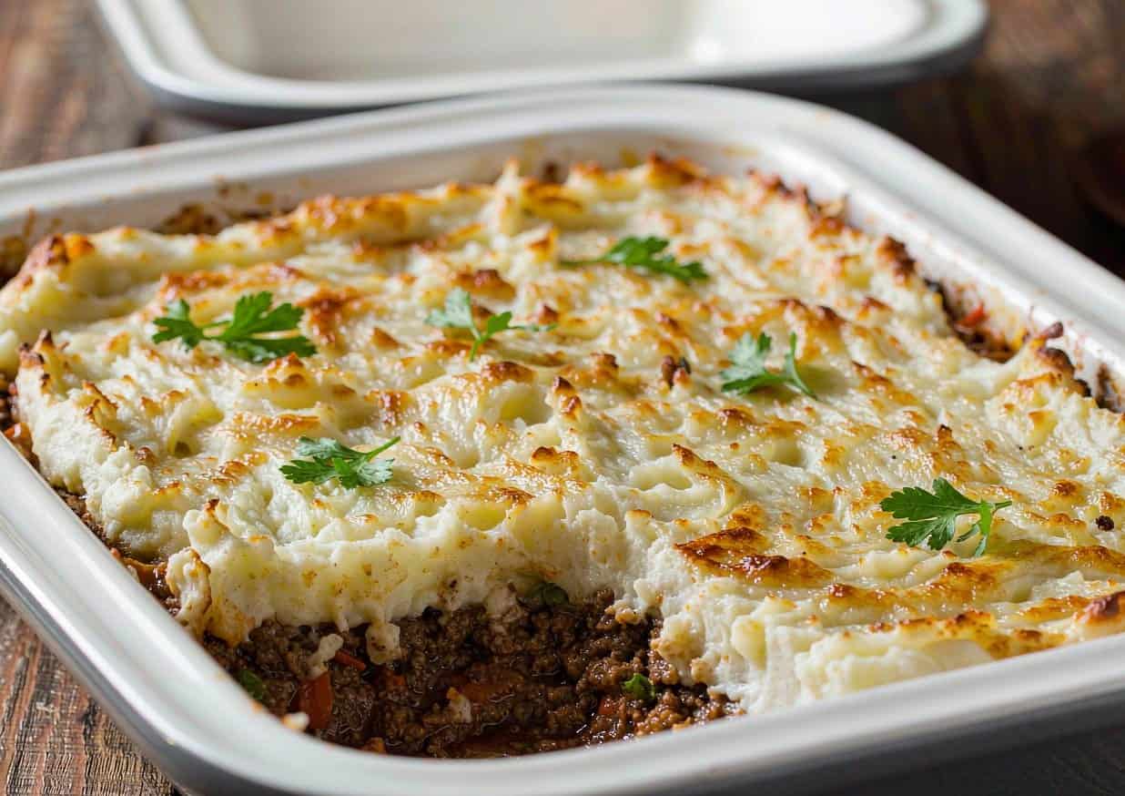 A rectangular baking dish of shepherd's pie with a golden fork-ridged mashed potato crust