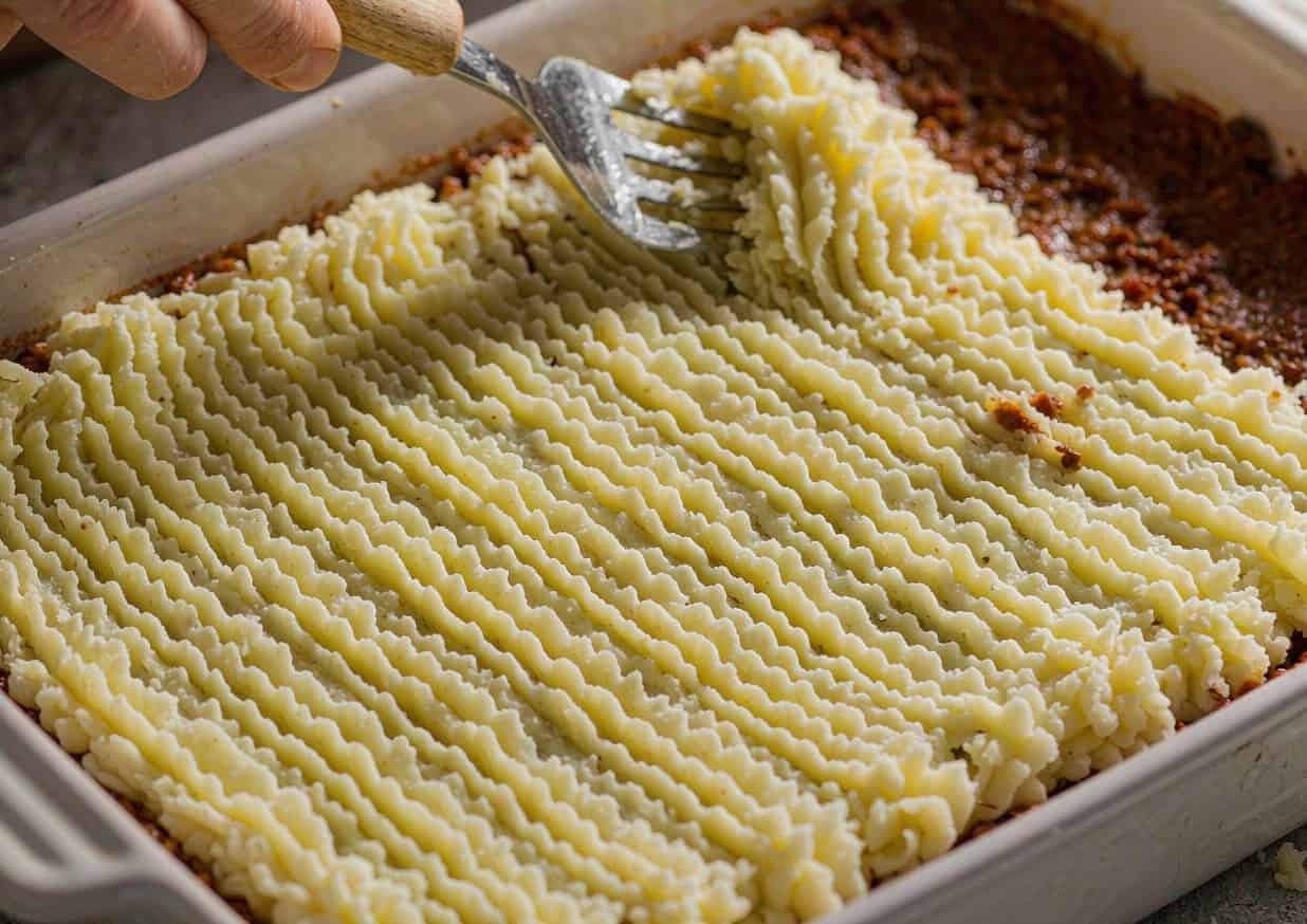 Mashed potato being spread over lamb filling in a baking dish with fork ridges
