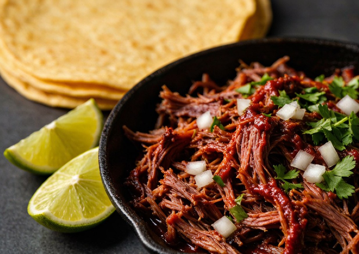 Shredded beef barbacoa in a cast-iron dish with crisp browned edges, chopped onion, coriander and lime
