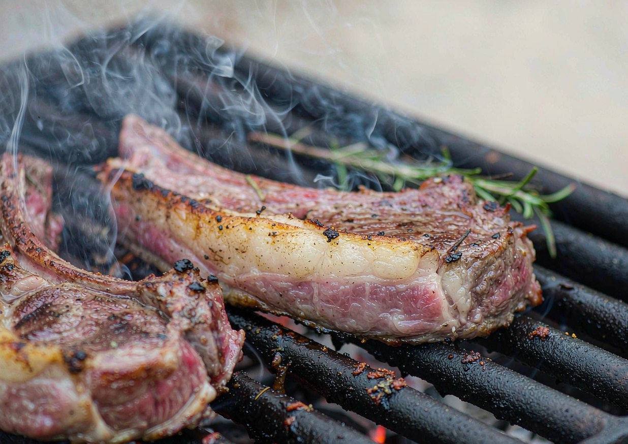 Lamb chops searing on a grill grate over the hot zone of a charcoal fire with the lid off