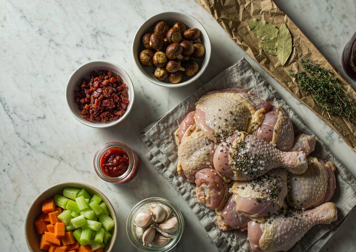 Overhead flat lay of coq au vin ingredients including chicken pieces, lardons, mushrooms, pearl onions, carrots, red wine and herbs
