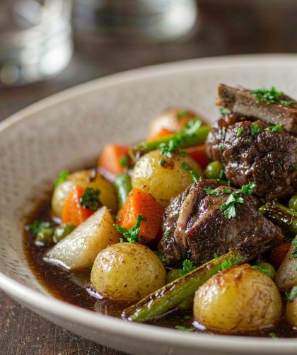French lamb navarin in a wide shallow bowl, chunks of browned lamb with glazed new potatoes, carrots, turnips, peas and green beans in a glossy dark sauce scattered with chopped parsley