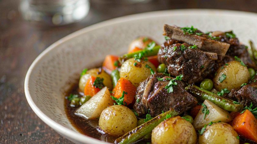 French lamb navarin in a wide shallow bowl, chunks of browned lamb with glazed new potatoes, carrots, turnips, peas and green beans in a glossy dark sauce scattered with chopped parsley
