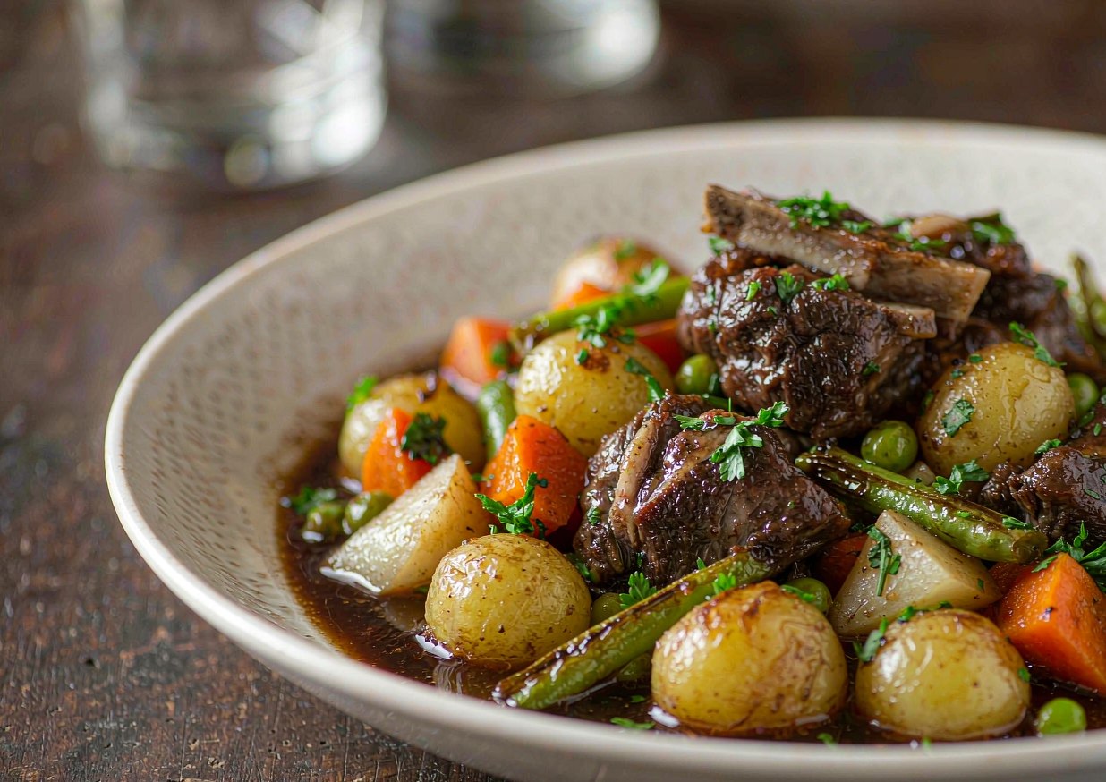 French lamb navarin in a wide shallow bowl, chunks of browned lamb with glazed new potatoes, carrots, turnips, peas and green beans in a glossy dark sauce scattered with chopped parsley