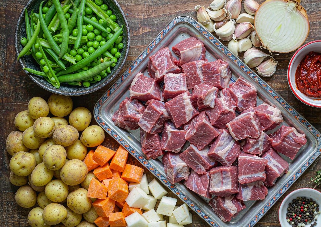Overhead flat lay of cubed lamb shoulder, new potatoes, carrots, small white turnips, green beans, peas, garlic, onion, tomato paste, and a bundle of thyme and bay on a dark board