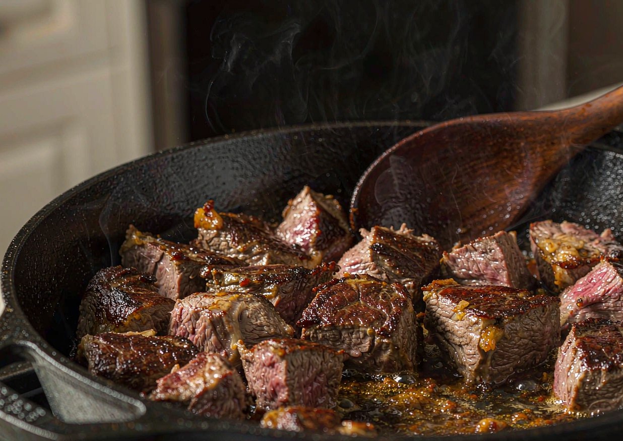 Chunks of lamb shoulder browning in a cast-iron Dutch oven over high heat with deep colour forming on the underside