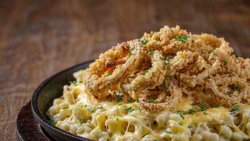 German Kaesespaetzle in a cast-iron skillet with melted cheese and crisp fried onions on top
